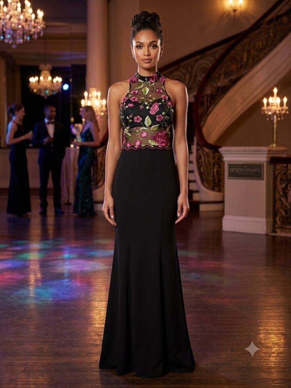 Sequin Hearts Black Floral Embroidered Formal Gown, Size 9 NWT